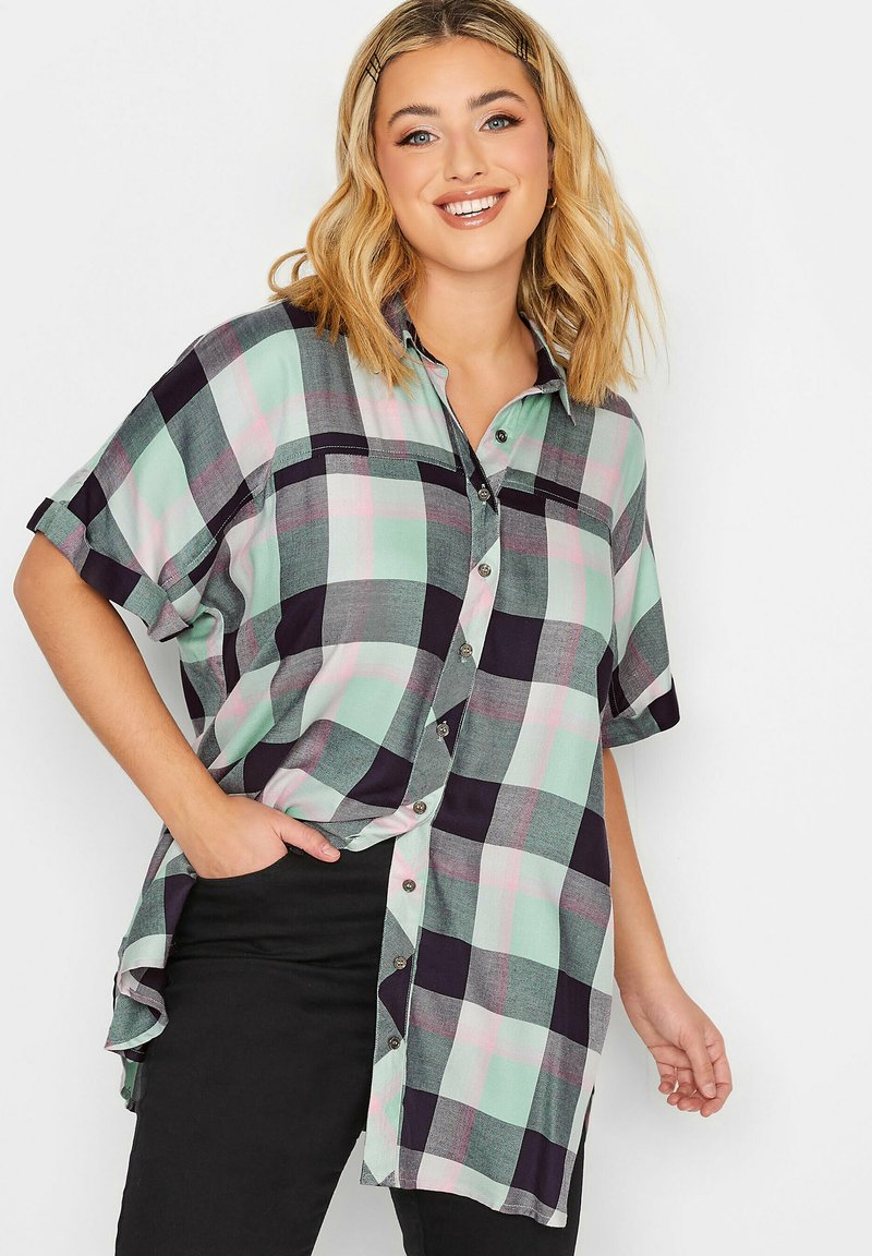 Yours Clothing CHECK SHORT SLEEVE Hemdbluse green/grau Zalando.de