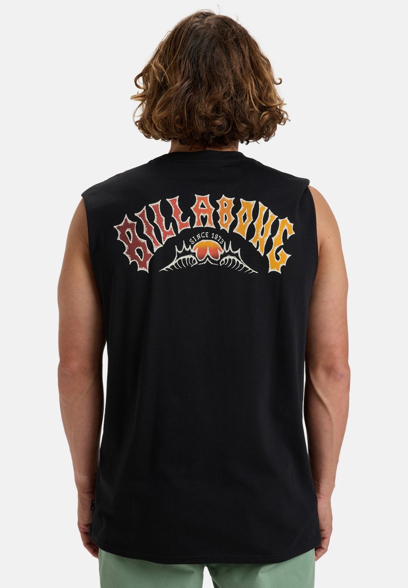 Black sleeveless t-shirt featuring "BILLABONG" logo in red and yellow with graphic design elements on the back. Soft cotton material.