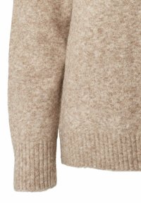 Maglione beige con una maglia morbida e texturizzata, maniche a costine e vestibilità rilassata. Il materiale sembra accogliente e caldo, con una decorazione minimale.