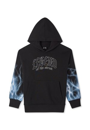 Felpa nera con cappuccio, tasca frontale, scritta "LEGEND of the street" e motivi a fulmine blu sulle maniche. Tessuto morbido.