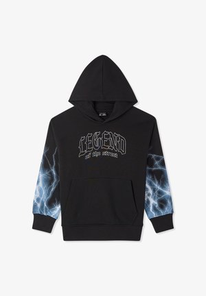 Felpa nera con cappuccio, tasca frontale, scritta "LEGEND of the street" e motivi a fulmine blu sulle maniche. Tessuto morbido.
