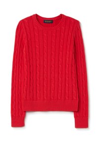 Maglione rosso lavorato a maglia con un motivo a trecce, scollo rotondo e polsini e orlo a coste. Realizzato in materiale morbido e caldo.