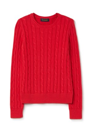 Red knitted sweater with a textured cable pattern, crew neckline, and ribbed cuffs and hem. Made from soft, warm material.