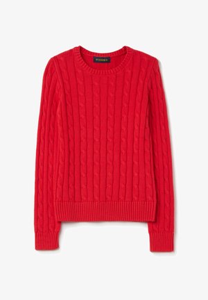 Red knitted sweater with a textured cable pattern, crew neckline, and ribbed cuffs and hem. Made from soft, warm material.