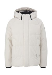 Veste d'hiver matelassée couleur crème avec capuche, doublure intérieure noire, poches avant et fermeture éclair dissimulée sous un rabat.