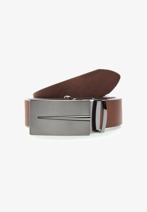 Brown leather belt with a smooth finish, featuring a rectangular metallic buckle with a sleek linear detail.