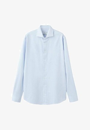 Camicia a maniche lunghe azzurro chiaro con righe verticali bianche, colletto a punta, bottoni frontali e polsini standard. Realizzata in un tessuto liscio.