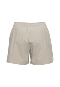 Beżowe szorty z elastyczną talią i gładkim wykończeniem tkaniny, pokazane od tyłu na białym tle.