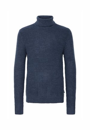 Tumši zili kordveida turtlenecks džemperis ar garām piedurknēm. Mīksta tekstūra, pieguļoša piegriezte un bieza turtleneck apkakles dizains.