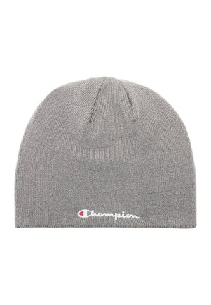 Berretto in maglia grigio con logo Champion ricamato in bianco e rosso sul bordo inferiore frontale.