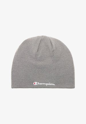 Berretto in maglia grigio con logo Champion ricamato in bianco e rosso sul bordo inferiore frontale.