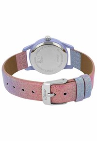 Damenarmbanduhr mit lilafarbenem Gehäuse, glitzerndem Wickelarmband in Pink und Blau, silberner Schnalle und Edelstahlgehäuse auf der Rückseite. Wasserdicht bis 3 ATM.