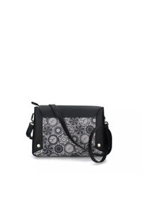 Borsa a spalla nera con un frontale a motivo geometrico, caratterizzato da tonalità di grigio, chiusura con patta e tracolla removibile.
