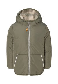 Grüne gepolsterte Jacke mit Kapuze, ausgestattet mit einem weichen Innenfutter, Frontreißverschluss und kontrastierenden weißen Taschenakzenten.