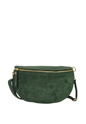 Sac bandoulière ovale en daim vert avec une fermeture zippée sur le dessus et des détails en métal doré. Dispose d'une sangle détachable pour des options de transport polyvalentes.