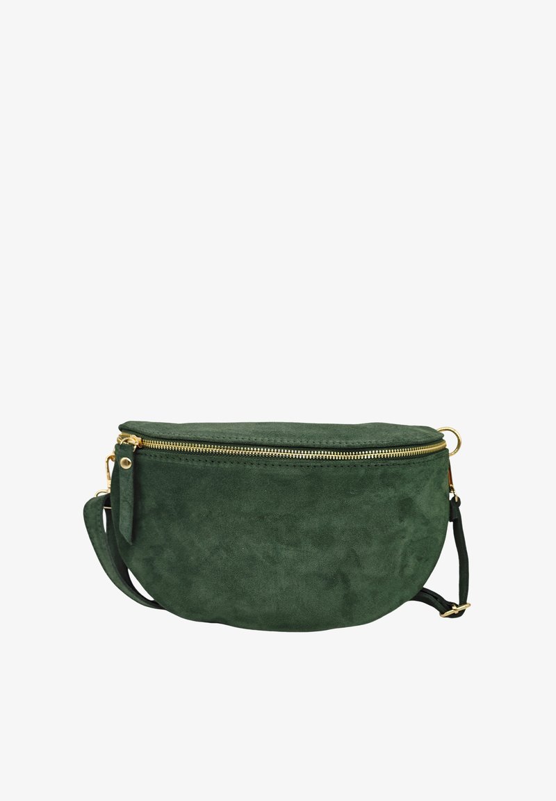 Sac bandoulière ovale en daim vert avec une fermeture zippée sur le dessus et des détails en métal doré. Dispose d'une sangle détachable pour des options de transport polyvalentes.