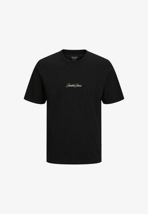 Crna majica kratkih rukava s okruglim izrezom i malim žutim logotipom „Jack & Jones“ u središtu prsa.