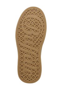 Semelle de chaussure en caoutchouc de couleur beige clair présentant un motif en treillis avec le mot "Sutto" gravé en relief au centre.