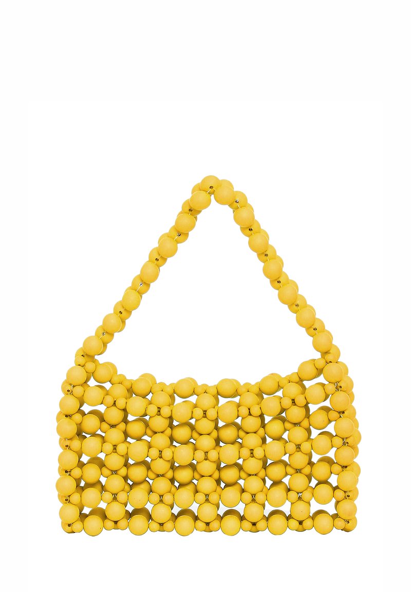 Borsa a mano gialla con manico triangolare, caratterizzata da una struttura a griglia di perline tonde interconnesse, che mostra una texture liscia.