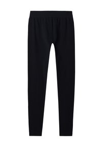 Schwarze Leggings aus glattem, elastischem Stoff, mit einem elastischen Bund und einem körpernahen Schnitt, der an den Knöcheln schmaler wird.