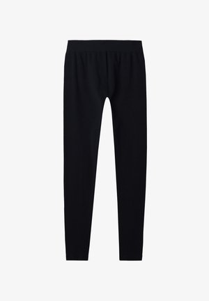 Leggings noirs en tissu lisse et extensible, dotés d'une taille élastique et d'un design ajusté qui se resserre aux chevilles.