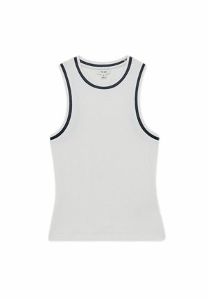 White sleeveless ribbed tank top with black trim around armholes and neckline, size small, brand label "Reiss" inside collar.