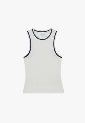 Maiou alb fără mâneci, cu dungi și margini negre în jurul găurilor pentru brațe și a decolteului, mărimea mică, etichetă de brand "Reiss" în interiorul gulerului.