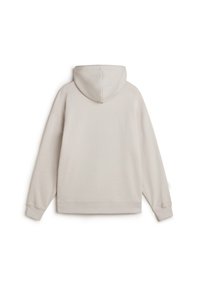 Beiger Kapuzenpullover mit langen Ärmeln, Rippbündchen an Handgelenken und Saum, Rückansicht vor weißem Hintergrund.