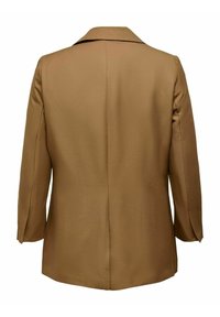 Bruine blazer met lange mouwen en een openstaande kraag, gezien van achteren op een witte achtergrond.