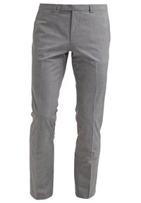 Pantalon de costume gris slim pour homme avec un motif à carreaux subtil, passants pour ceinture et fermeture éclair frontale.