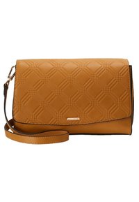 Borsa a tracolla beige con motivo a diamante trapuntato, texture liscia e tracolla rimovibile. Presenta un piccolo dettaglio del logo in metallo sul davanti.