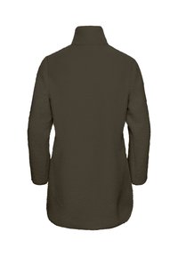 Dunkelolivgrüner Fleece-Mantel mit hohem Kragen, langen Ärmeln und strukturiertem Oberflächenmaterial. Verfügt über einen geraden Schnitt und einen abgerundeten Saum.