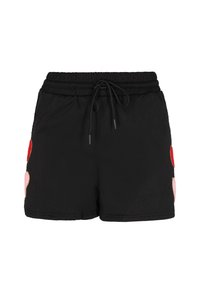 Sorte shorts lavet af tekstureret materiale med elastisk talje og snøre. Har farverige runde applikationer i rød, pink og fersken.