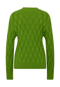 Grüner Strickpullover mit einem strukturierten Muster aus verlängerten Hexagonen, geripptem Kragen und Bündchen sowie einem geraden Saum.
