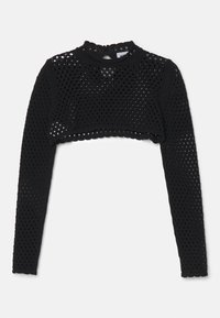 Svart mesh crop-top med lange ermer, med rund halslinning og et teksturert mønster av små hull i hele stoffet.
