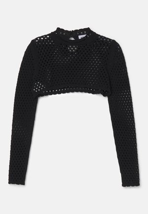 Svart mesh crop-top med lange ermer, med rund halslinning og et teksturert mønster av små hull i hele stoffet.