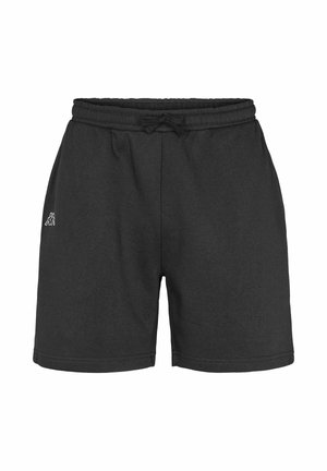 Pantalones cortos casuales negros con cinturilla elástica y cordón, con un pequeño logo blanco bordado en el muslo izquierdo.