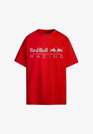 Rotes Baumwoll-T-Shirt mit einem großen weißen "Red Bull Racing"-Logo und zwei stilisierten Bullen, mit Rundhalsausschnitt und kurzen Ärmeln.