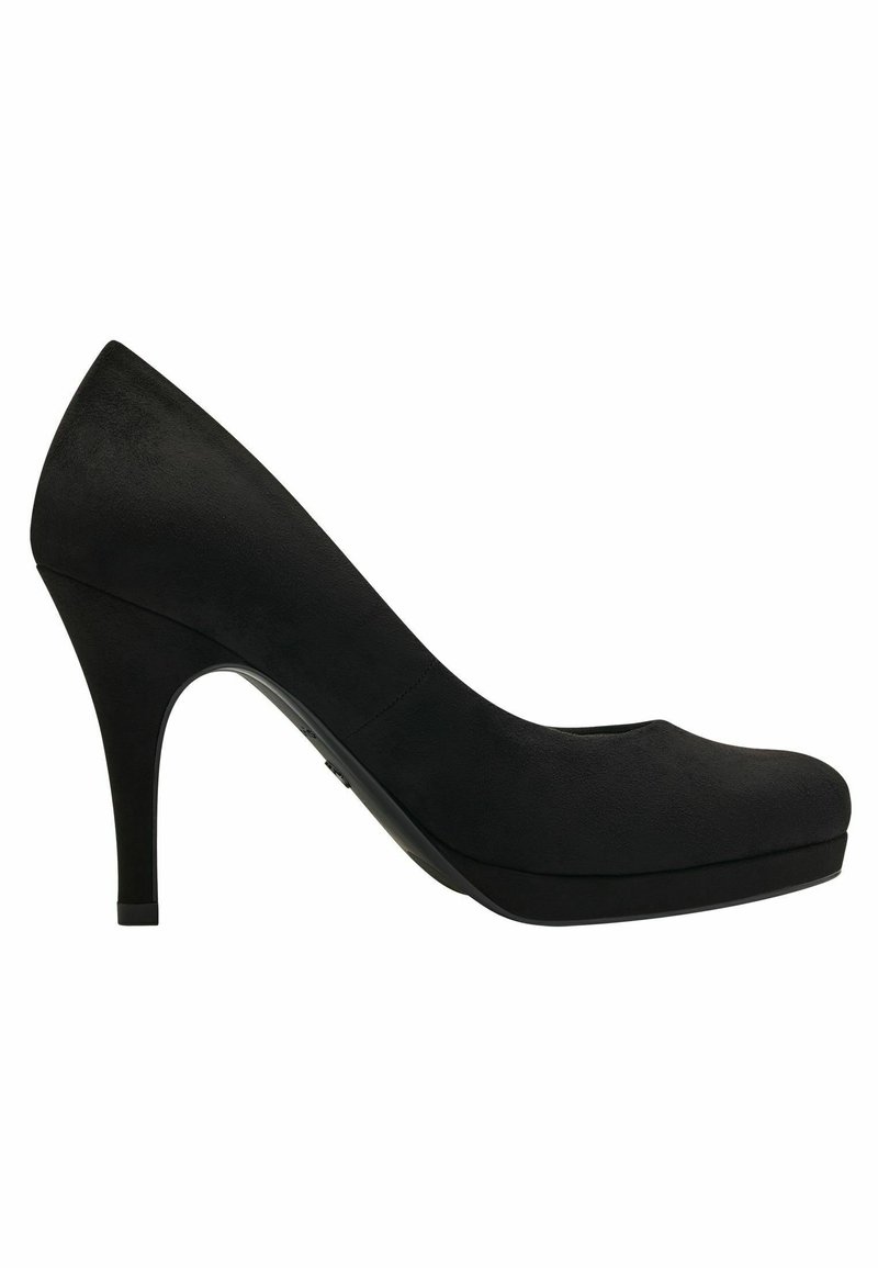 Schwarze High Heels aus mattem Wildleder mit runder Zehenpartie und einer Plattform, ausgestattet mit einem schlanken Absatz und einer glatten, eleganten Silhouette.