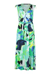 Zielona, kwiecista sukienka maxi z zapinaniem na krzyż, ozdobiona czarnymi i niebieskimi liśćmi. Wykonana z lekkiego materiału, z paskiem do związania w talii.