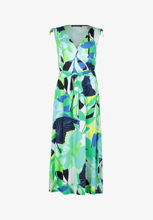 Zöld virágos maxi ruha átkötős dizájnnal, fekete és kék levelekkel. Könnyű anyagból készült, deréknál megkötős övvel.