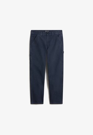 Marineblauwe broek van stevige katoenstof. Voorzien van voorzakken, een zijzak en rechte pijpen met een schone afwerking.
