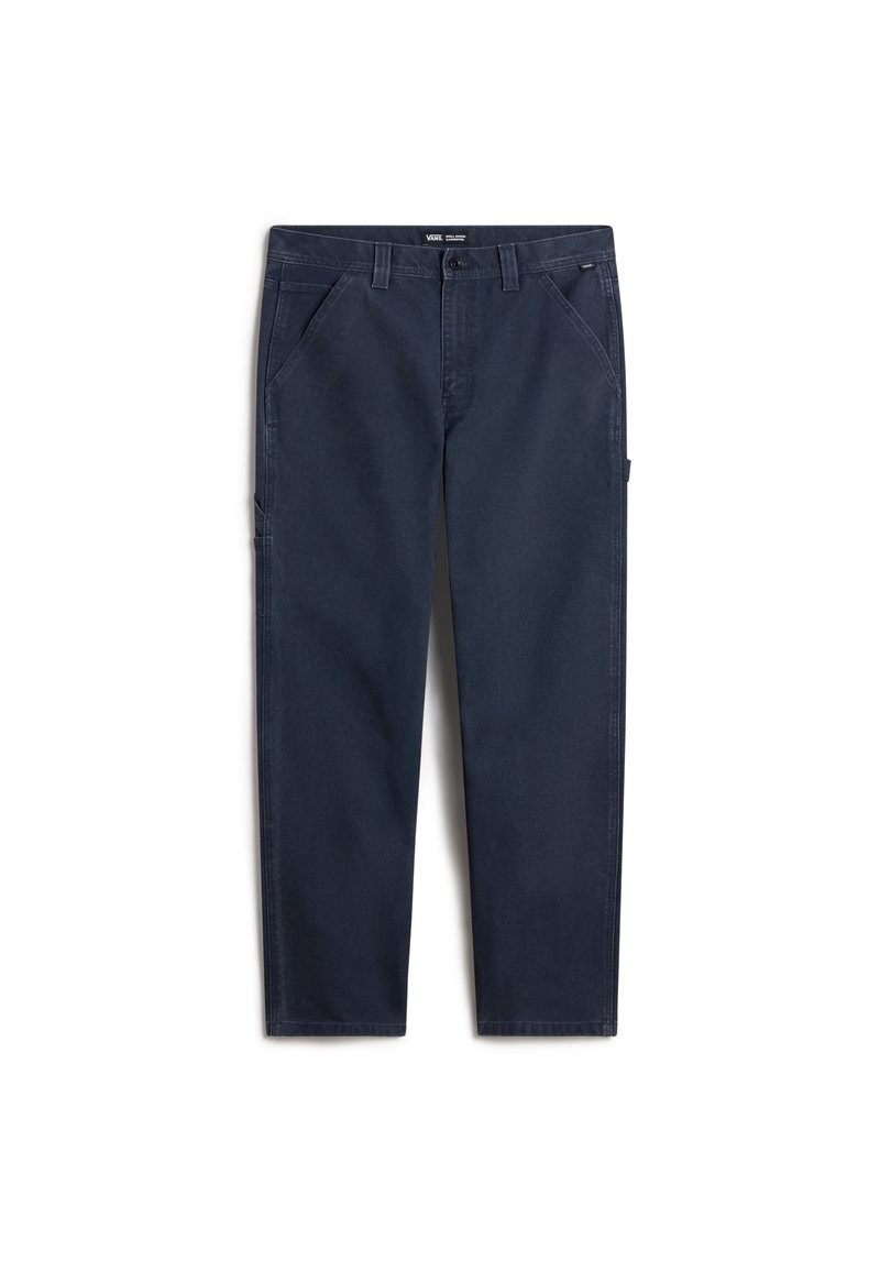 Navy blue pants made of sturdy cotton fabric. Featuring front pockets, a side pocket, and straight-cut legs with a clean finish.