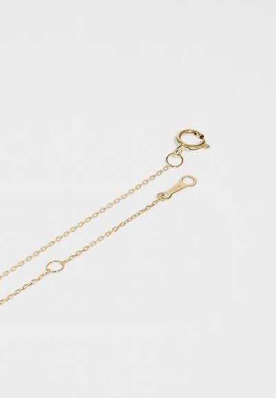 Χρυσή αλυσίδα κολιέ με συνδεδεμένα τμήματα, κλίπ σε σχήμα αστακού και μια μικρή αλυσίδα επέκτασης με οβάλ σύνδεσμο για ρυθμιζόμενο μήκος.