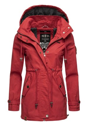Red parka jacket with a drawstring waist, zippered front, two side pockets, and striped interior lining. Features metal hardware accents.