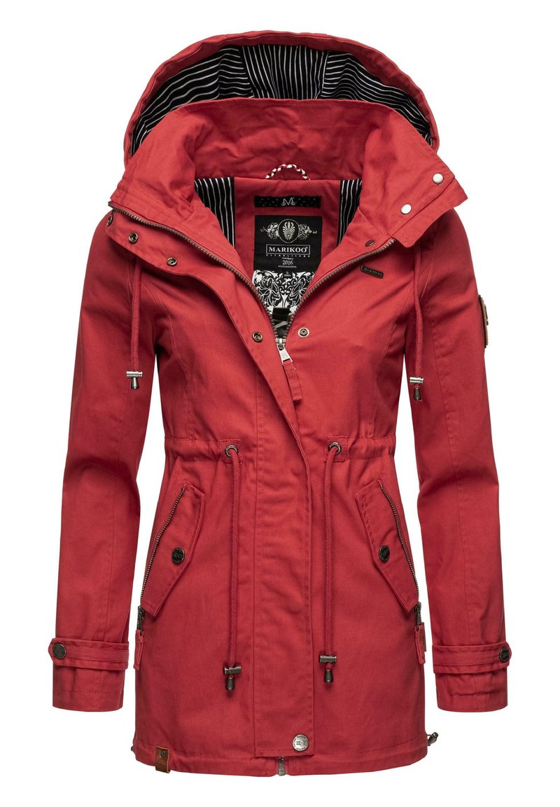 Red parka jacket with a drawstring waist, zippered front, two side pockets, and striped interior lining. Features metal hardware accents.