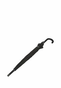 Parapluie noir pliable avec une poignée courbée, un canopy texturé et des accents métalliques sur le mât. Design compact pour un transport facile.