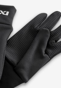 Gants noirs avec un ajustement lisse et serré, dotés d'une surface texturée et à pois sur les paumes et les doigts. Ils se distinguent par un poignet pour un port sécurisé.