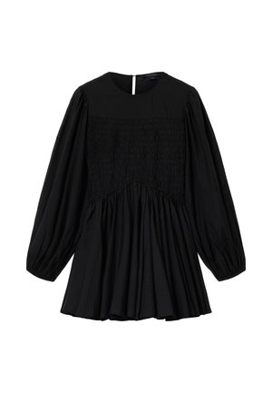 Czarna sukienka z długimi rękawami, okrągłym dekoltem, marszczonym gorsetem i rozkloszowanym dołem. Posiada ukryty zamek z tyłu i gładką fakturę materiału.