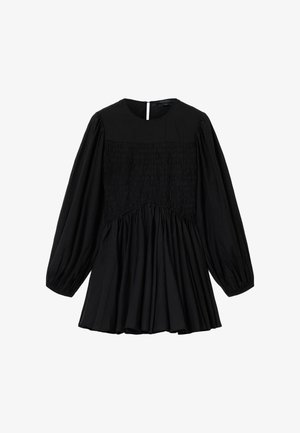 Czarna sukienka z długimi rękawami, okrągłym dekoltem, marszczonym gorsetem i rozkloszowanym dołem. Posiada ukryty zamek z tyłu i gładką fakturę materiału.